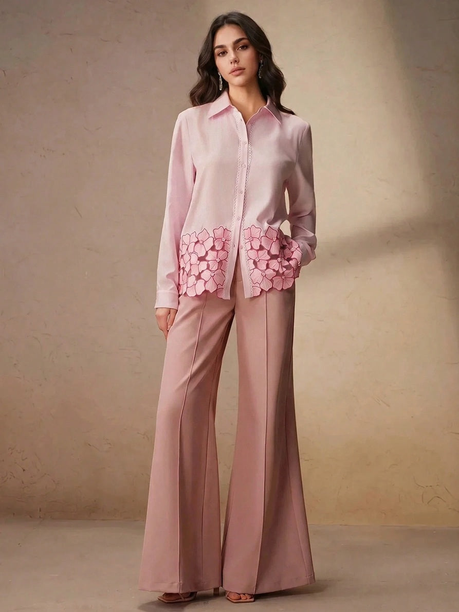 CM-TS844631 Women Elegant Seoul Style Shirt Collar Long Sleeve Hollow Out Asymmetrical Floral Print Top - Pink