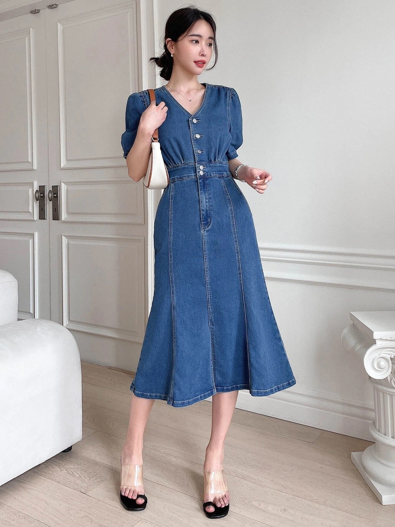 CM-DS299323 Women Preppy Seoul Style Dark Wash Puff Sleeve Button Front Denim Dress