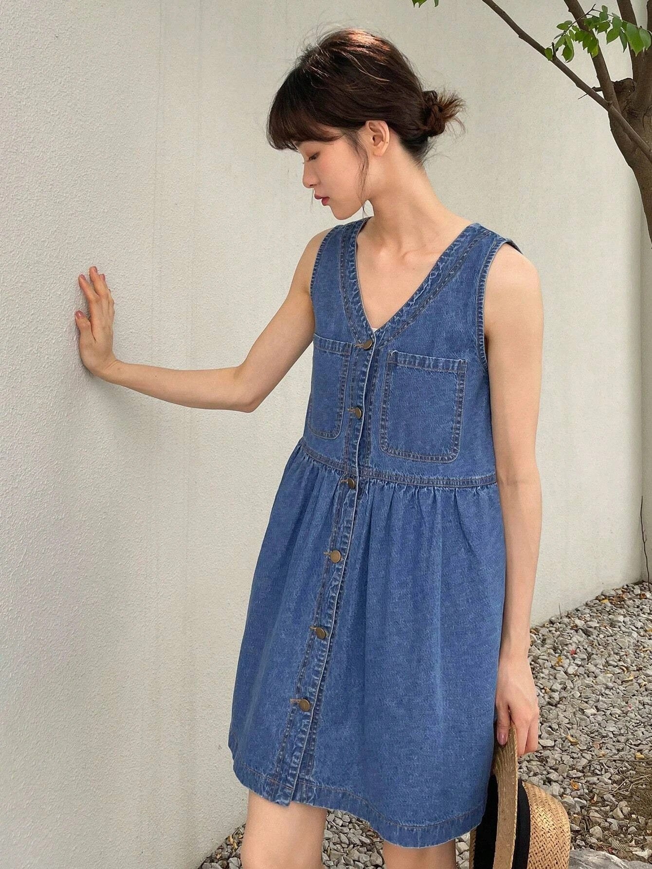 CM-DS941911 Women Preppy Seoul Style Medium Wash Button Front Denim Dress
