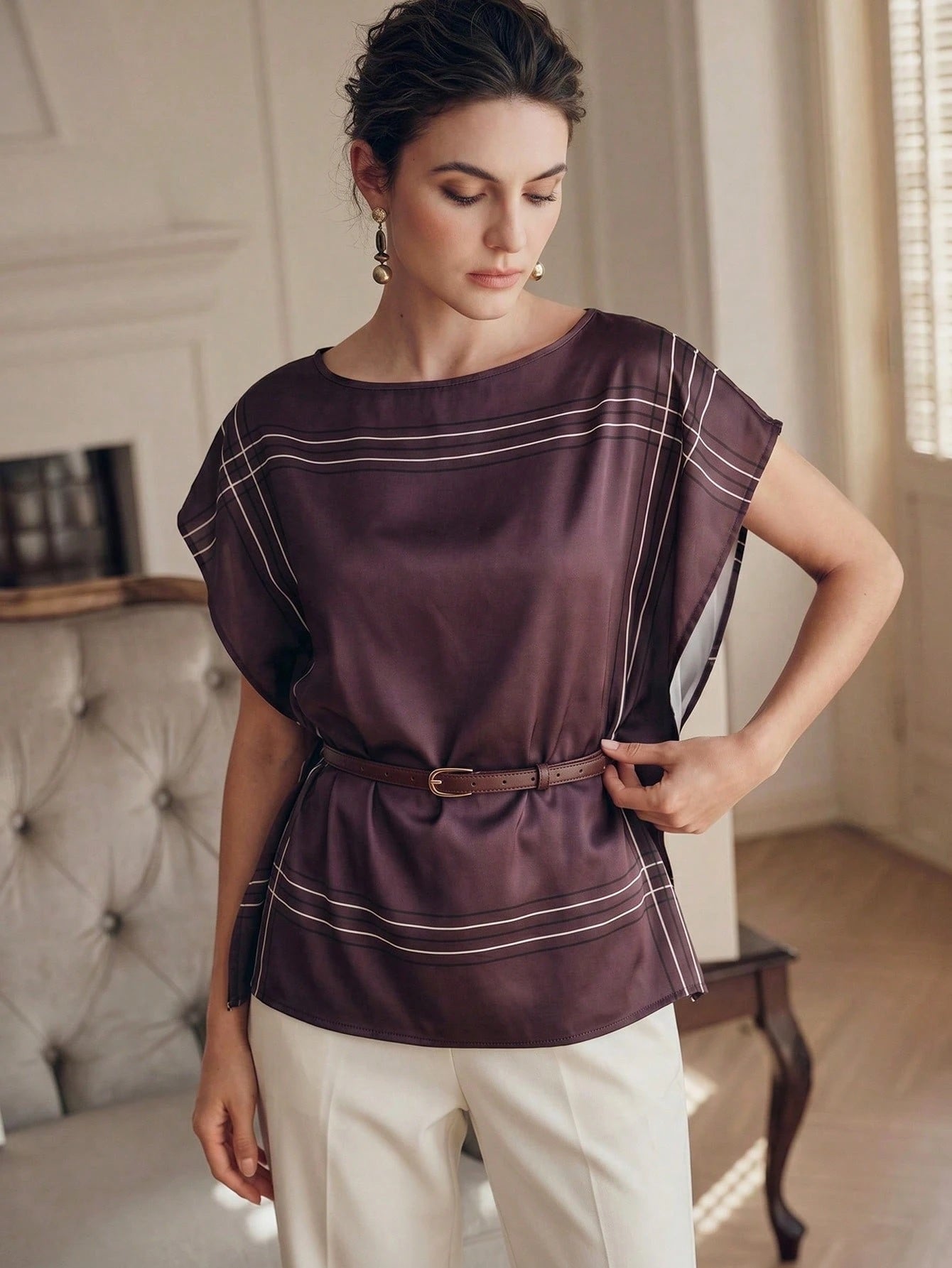 CM-TS644206 Women Elegant Seoul Style Round Neck Scarf-Like Texture Top With Belt Detail - Purple