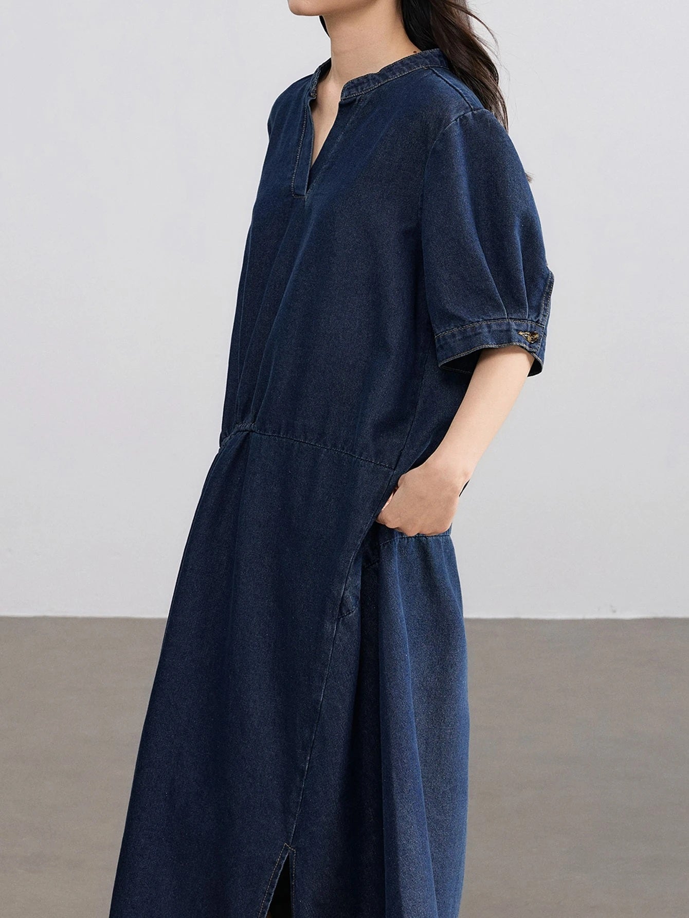 CM-DS713000 Women Casual Seoul Style Darl Wash Collared Long Sleeve Button-Up Cinched Waist Denim Dress
