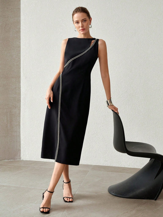 CM-DS026972 Women Elegant Seoul Style Round Neck Sleeveless Faux Pearl Decor Hollow Out High Slit Hem Dress - Black