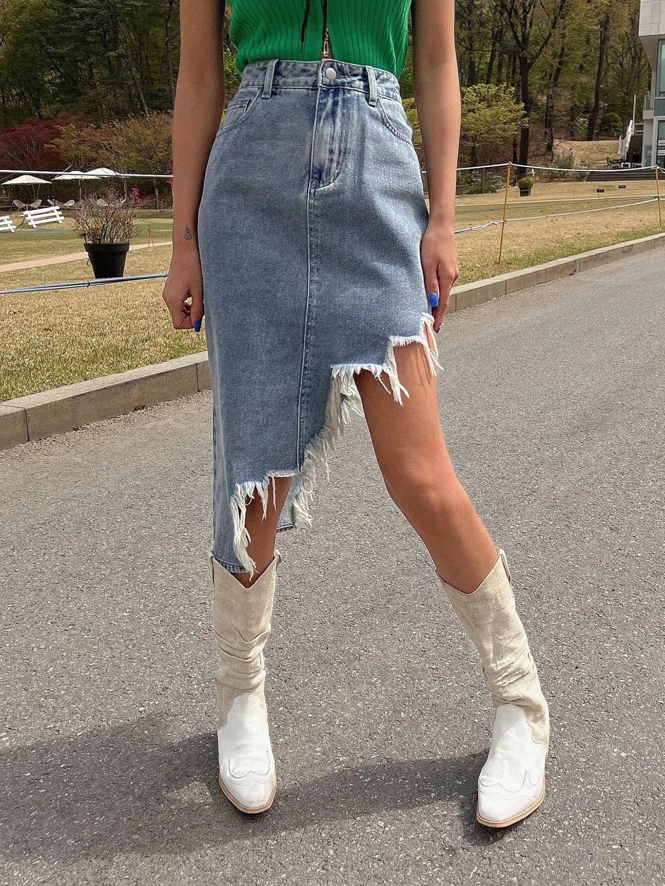 CM-BS604099 Women Casual Seoul Style Solid Raw Trim Asymmetrical Hem Denim Skirt