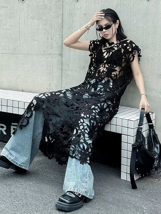 CM-DT000065 Women Trendy Bohemian Style Sweetheart Neckline Sleeveless Hollow-Out Lace Long Cover-Up Dress (Available in 2 colors)