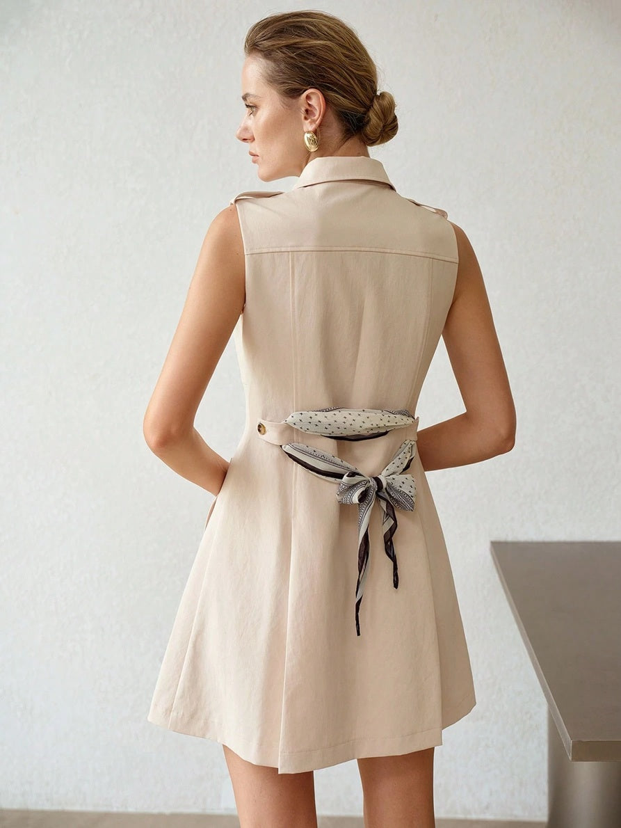 CM-DS190152 Women Elegant Seoul Style Collar Neckline Sleeveless Scarf Detail Double-Breatsted Dress - Apricot