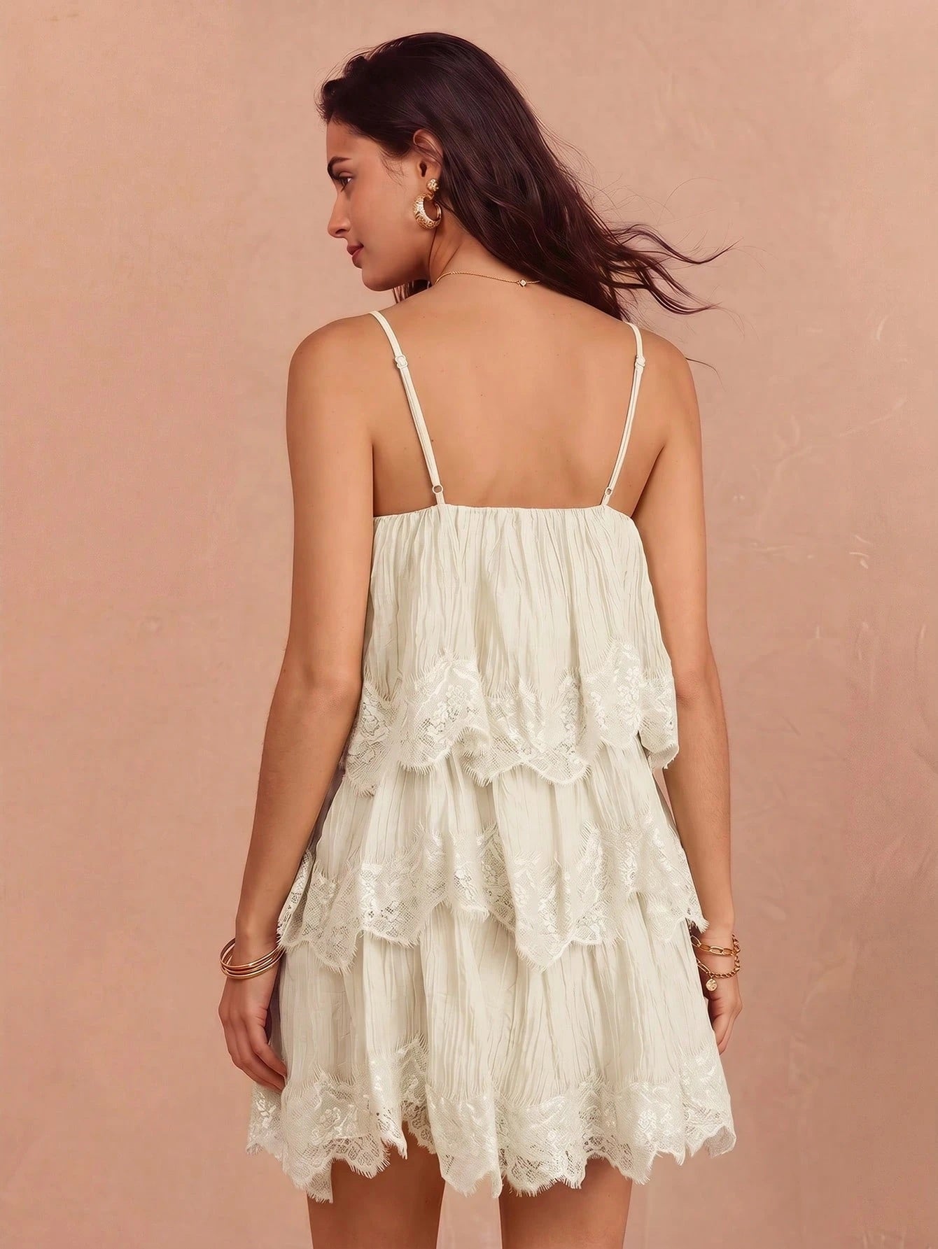 CM-DS559153 Women Elegant Seoul Style Lace Patchwork Pleated Spaghetti Strap Dress - Apricot