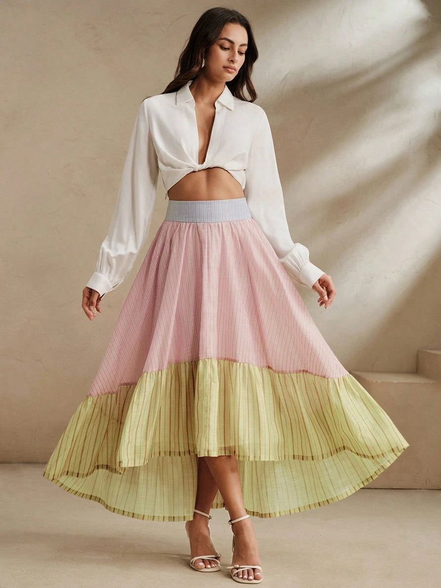 CM-BS281437 Women Tendy Bohemian Style Striped Patchwork Asymmetrical Hem High Waist Puffy A-Line Skirt
