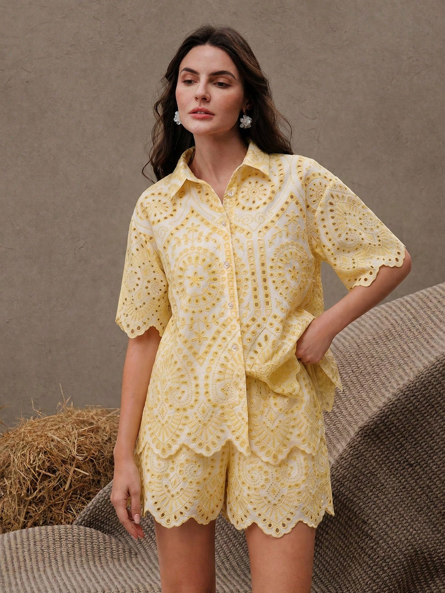 CM-SS778544 Women Trendy Bohemian Style Embroidered Hollow Out Short Sleeve Collared Shirt With Shorts - Set