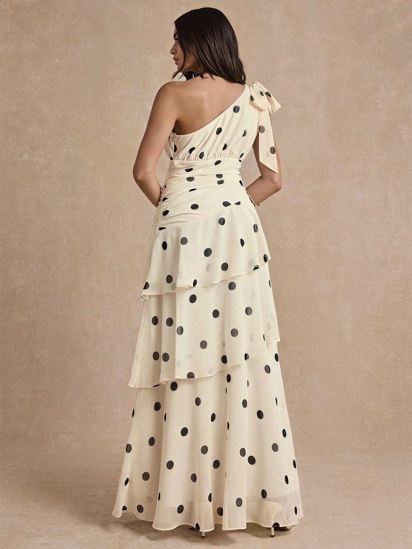 CM-DS374258 Women Elegant Seoul Style Asymmetrical Neckline Polka Dot One Shoulder Tiered Layer Dress