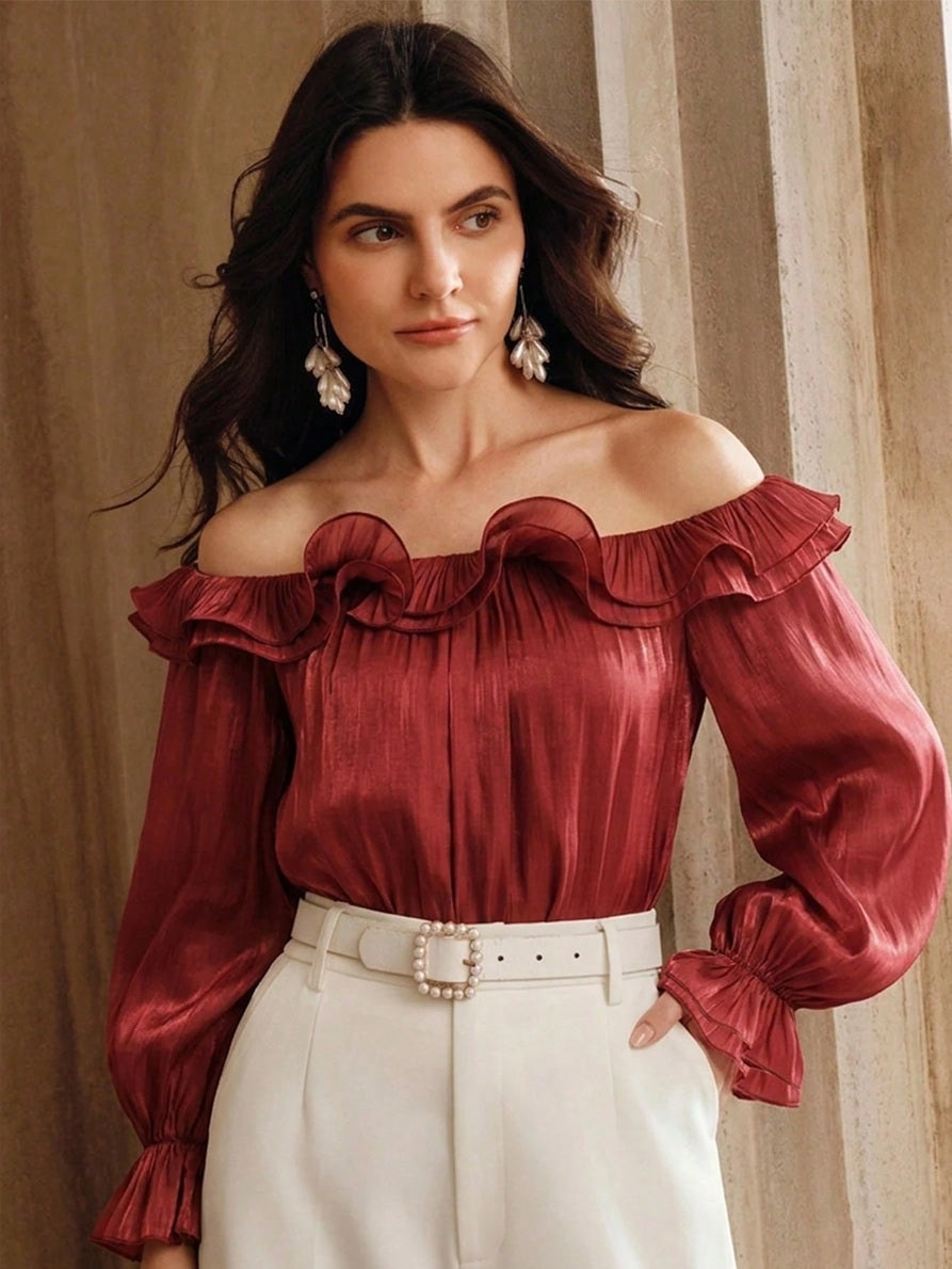 CM-TS097142 Women Elegant Seoul Style Off-Shoulder Loose Hem Wavy Edge Petal Sleeve Flowy Blouse - Burgundy