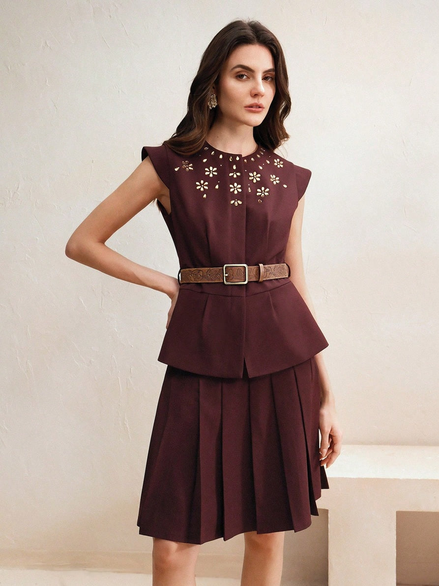 CM-SS912249 Women Elegant Seoul Style Round Neck Cap Sleeve Waist Belt Pleated Embellished Top With Midi Skirt - Set