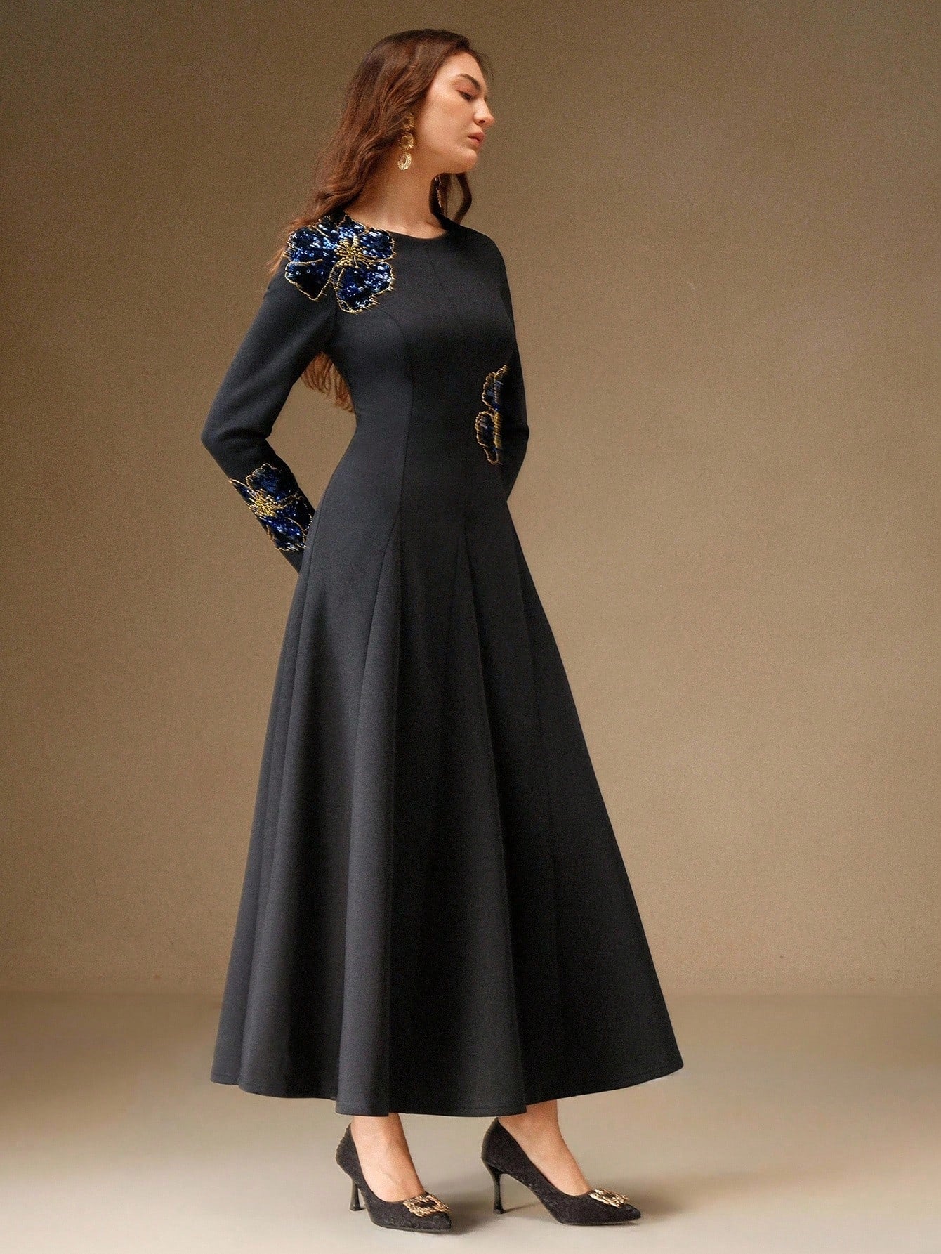 CM-DS316466 Women Elegant Seoul Style Round Neck Long Sleeve High Waist Beaded Floral Pattern Dress - Blue