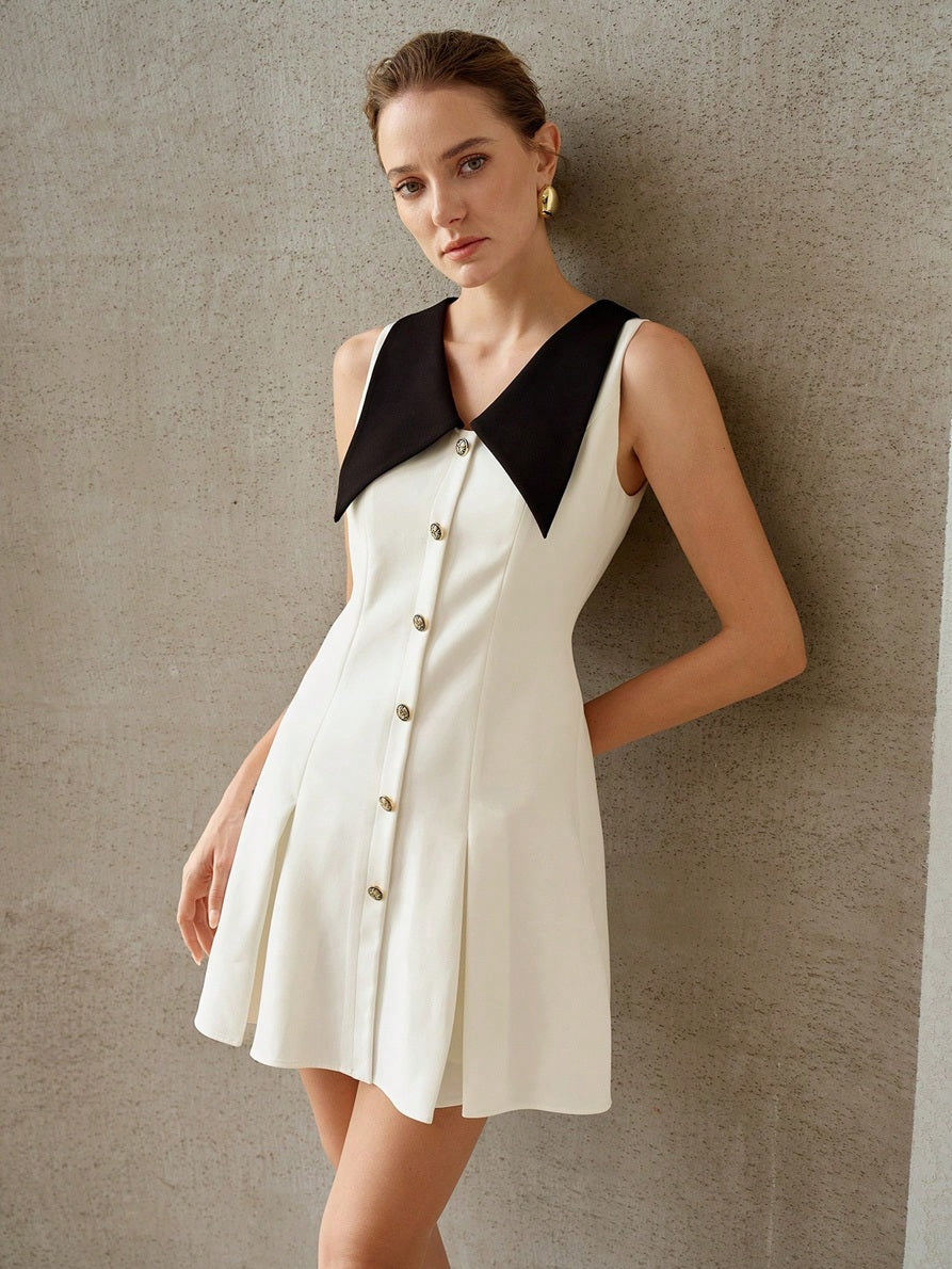 CM-DS554097 Women Elegant Seoul Style Colorblock Lapel Sleeveless Waist-Cinching Pleated Mini Dress