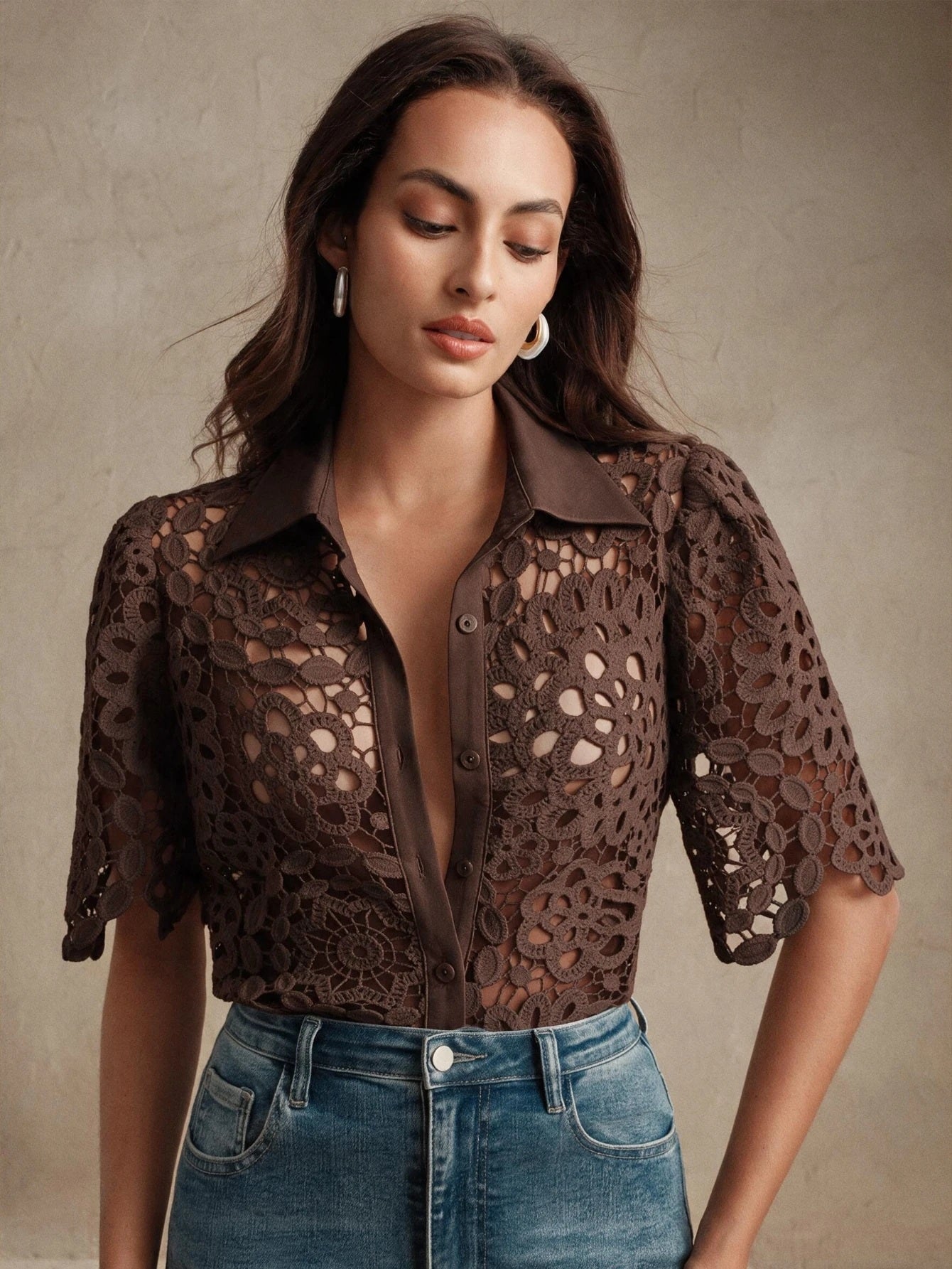 CM-TS770735 Women Casual Seoul Style Collar Neckline Half Sleeve Floral Hollow Out Lace Shirt Blouse - Coffee Brown