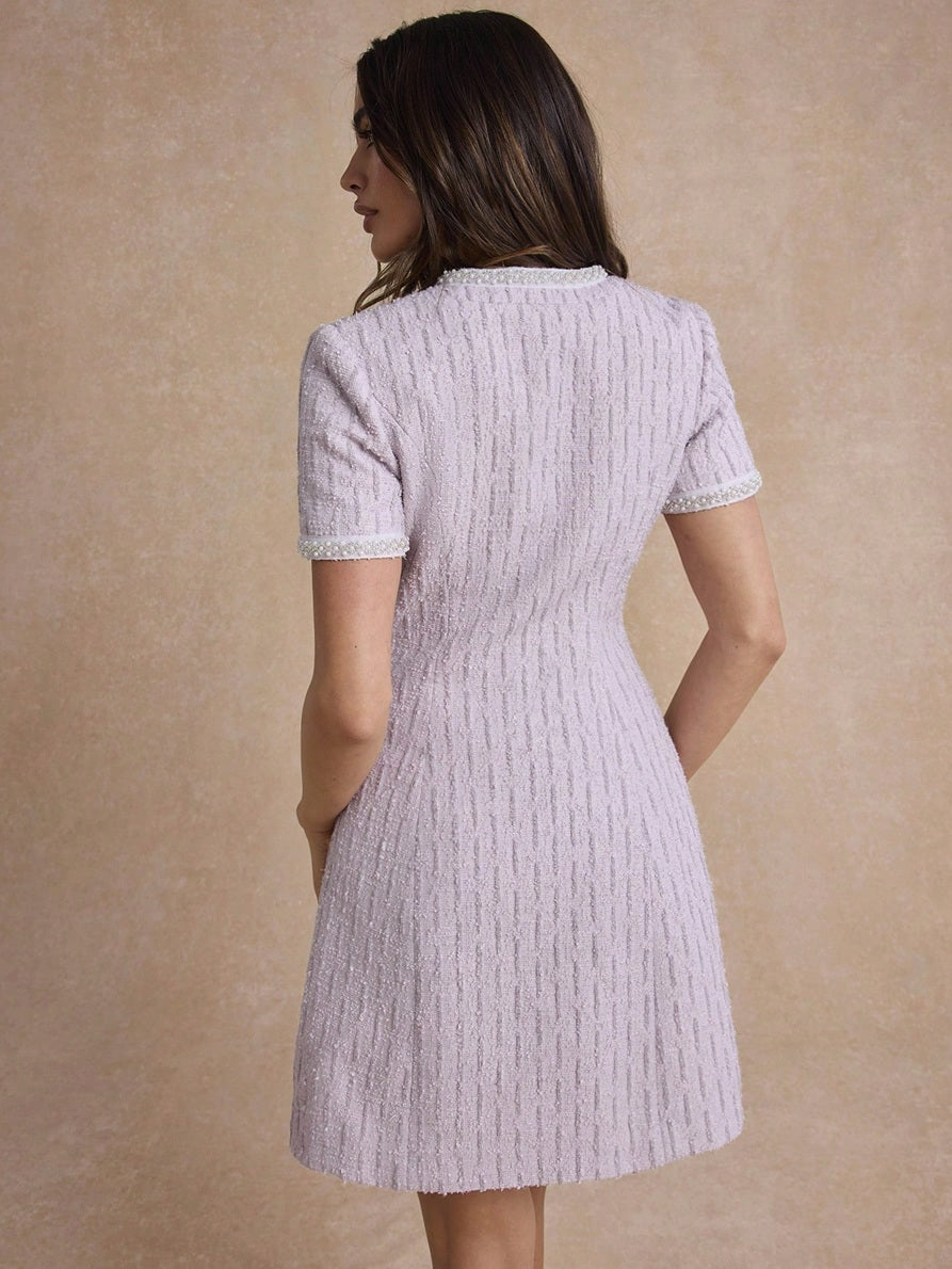 CM-DS642731 Women Elegant Seoul Style Round Neck Short Sleeve Pearl-Embellished Tweed Mini Dress - Pink