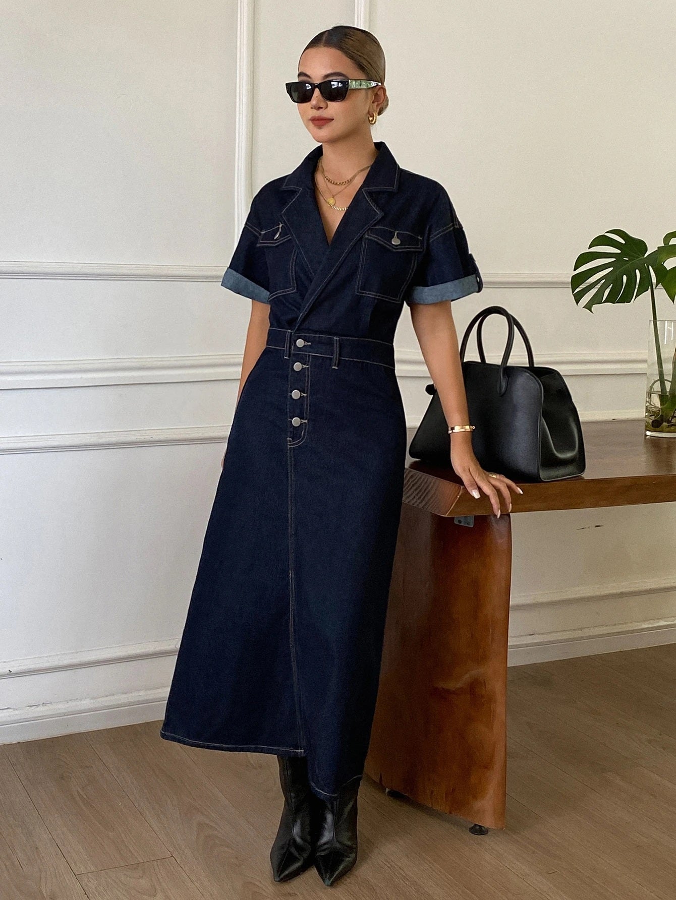 CM-DS207946 Women Casual Seoul Style Dark Wash Collar Neckline Roll Up Short Sleeve Denim Dress
