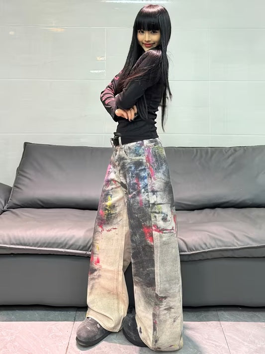 CM-BT477920 Women Casual Seoul Style Mid Waist 3D Printed Graffiti Loose-Fit Wide Leg Jeans