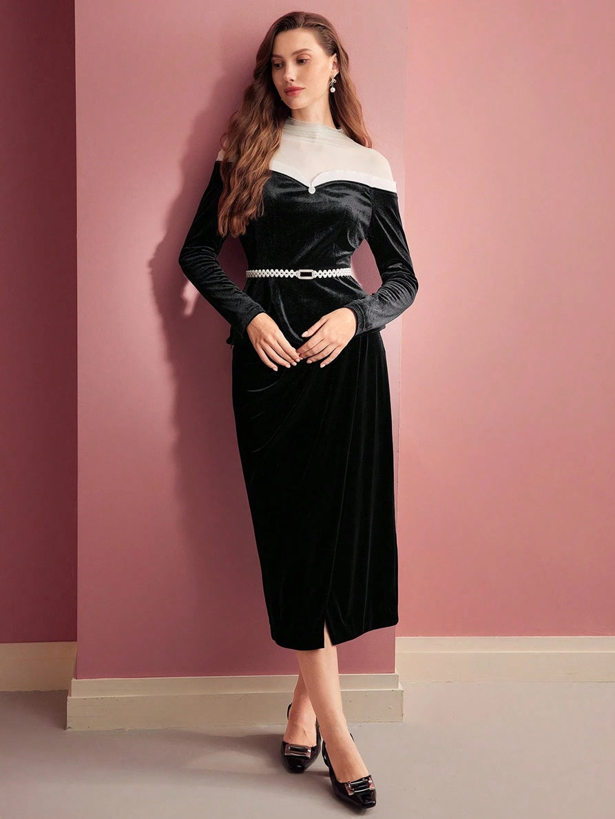 CM-TS319944 Women Elegant Seoul Style Stand Collar Long Sleeve Colorblock Contrast Mesh Velvet Top