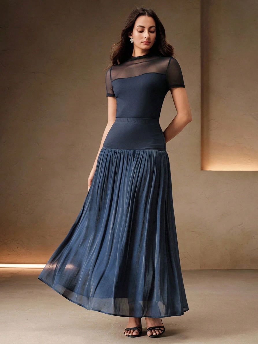 CM-BS089531 Women Elegant Seoul Style High Waist Patchwork Pleated A-Line Long Skirt - Navy Blue