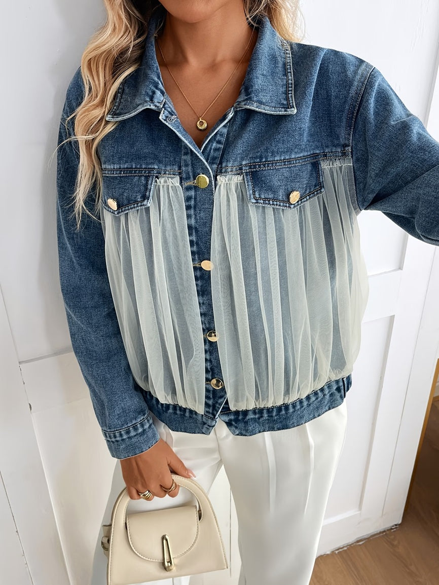 CM-CT494908 Women Casual Seoul Style Collar Neckline Long Sleeve Mesh Patchwork Denim Jacket - Blue