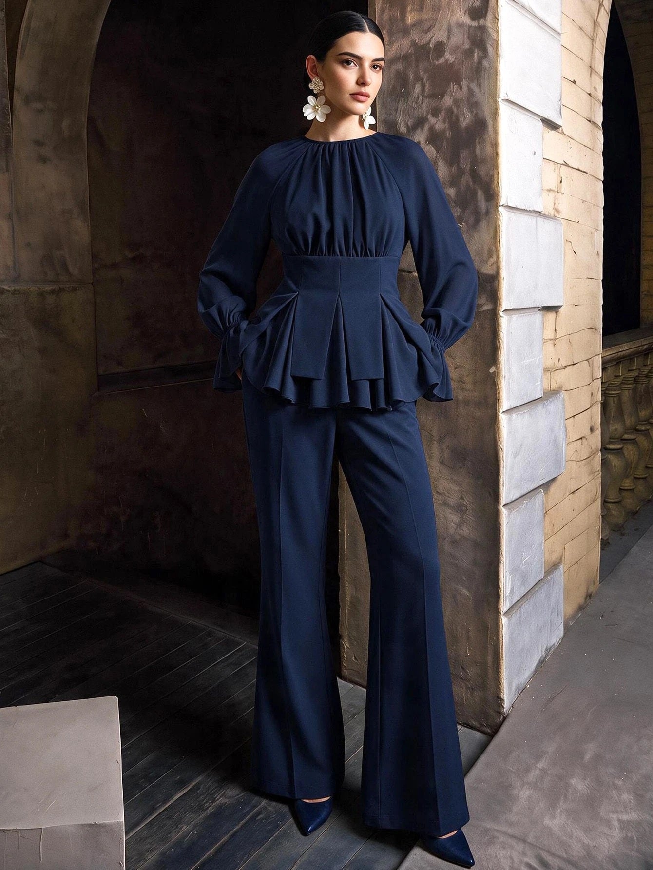 CM-SS854731 Women Elegant Seoul Style Round Neck Long Sleeve Chiffon Patchwork Blouse With Flared Leg Pants - Set