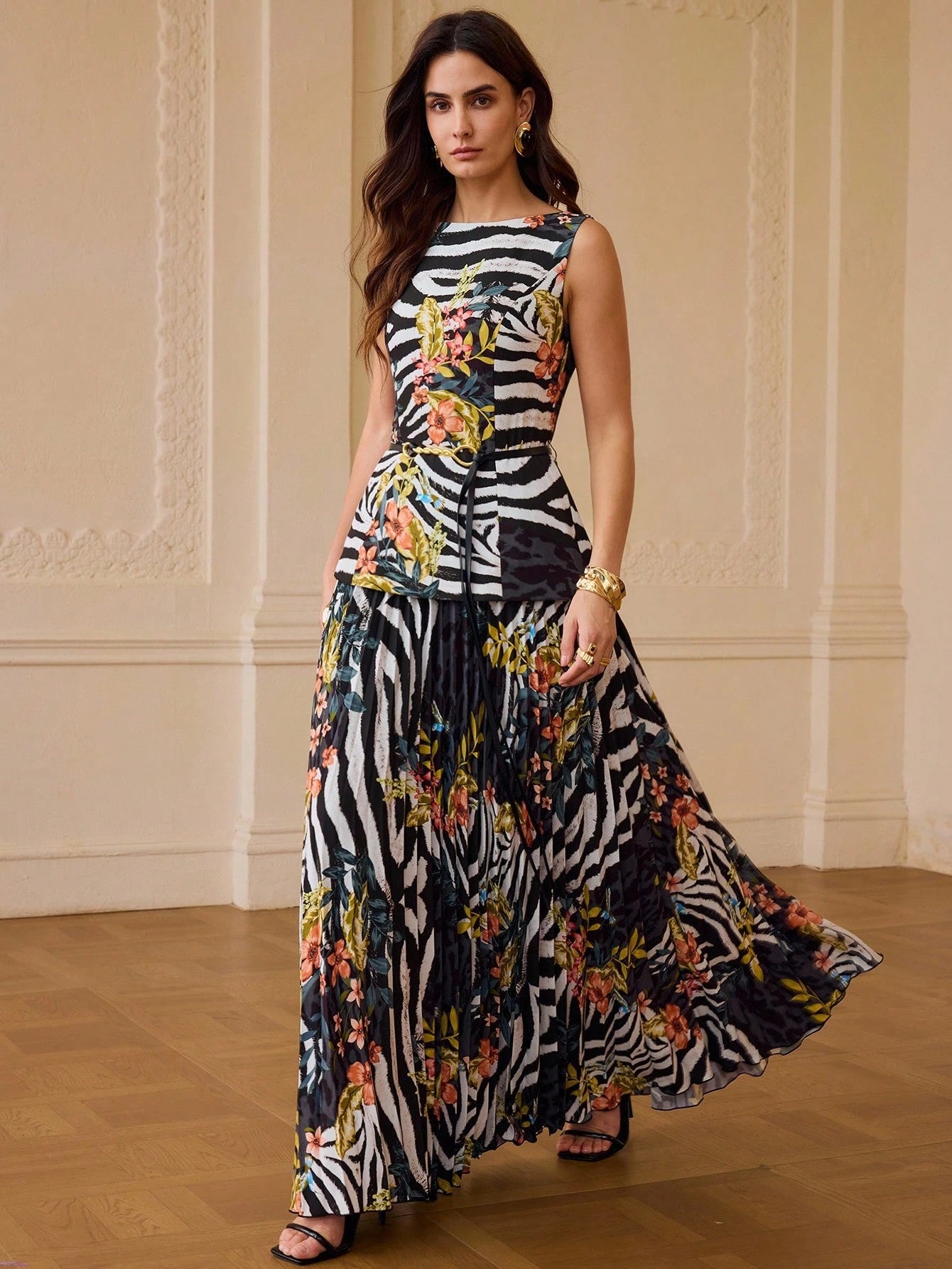 CM-DS902477 Women Elegant Seoul Style Round Neck Sleeveless Floral Print Zebra Stripe Dress