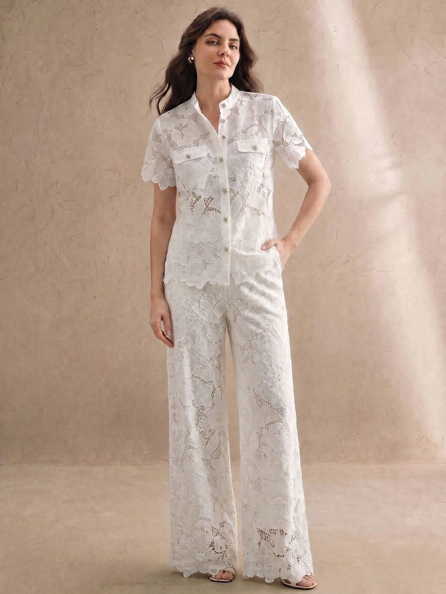 CM-TS807408 Women Elegant Seoul Style Round Neck Short Sleeve Button Front Sheer Lace Top - White