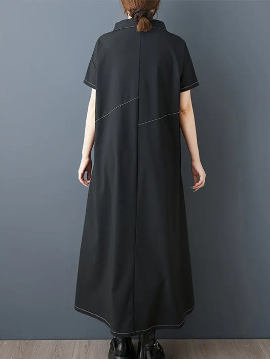CM-DT599919 Women Elegant Seoul Style Asymmetrical Hem Long Sleeve Loose Fit Shirt Dress - Black