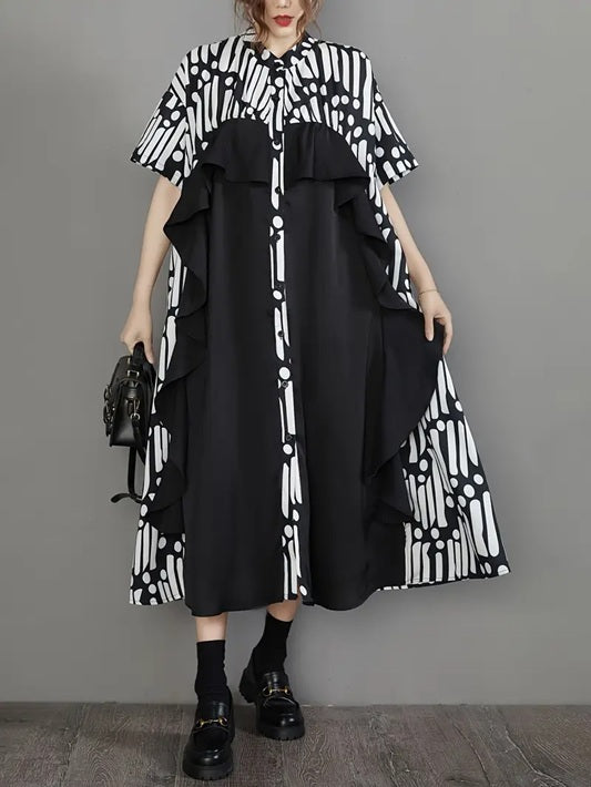 CM-DT232374 Women Casual Seoul Style Stand Collar Short Sleeve Ruffle Trim Color Block Loose Fit Dress