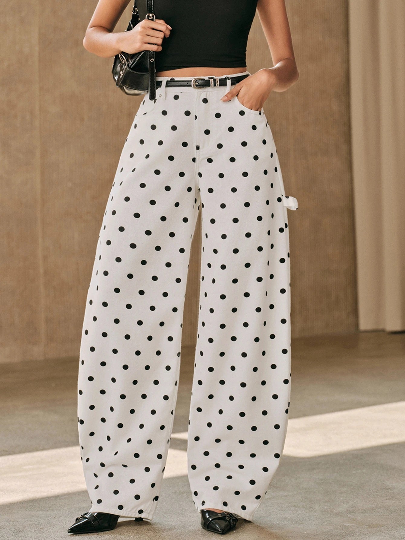 CM-BS387235 Women Casual Seoul Style Mid Waist All Over Print Polka Dot Curved Wide Leg Jeans - White