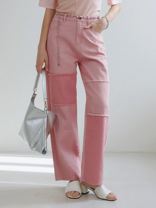 CM-BS707437 Women Preppy Seoul Style Solid Raw Trim Straight Leg Jeans - Pink