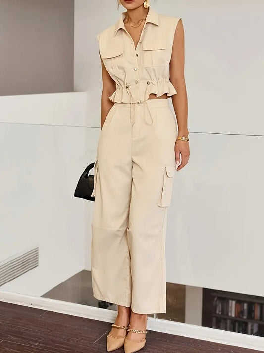 CM-ST491171 Women Elegant Seoul Style 3D Pocket Drawstring Waist Sleeveless Top With Pants - Set