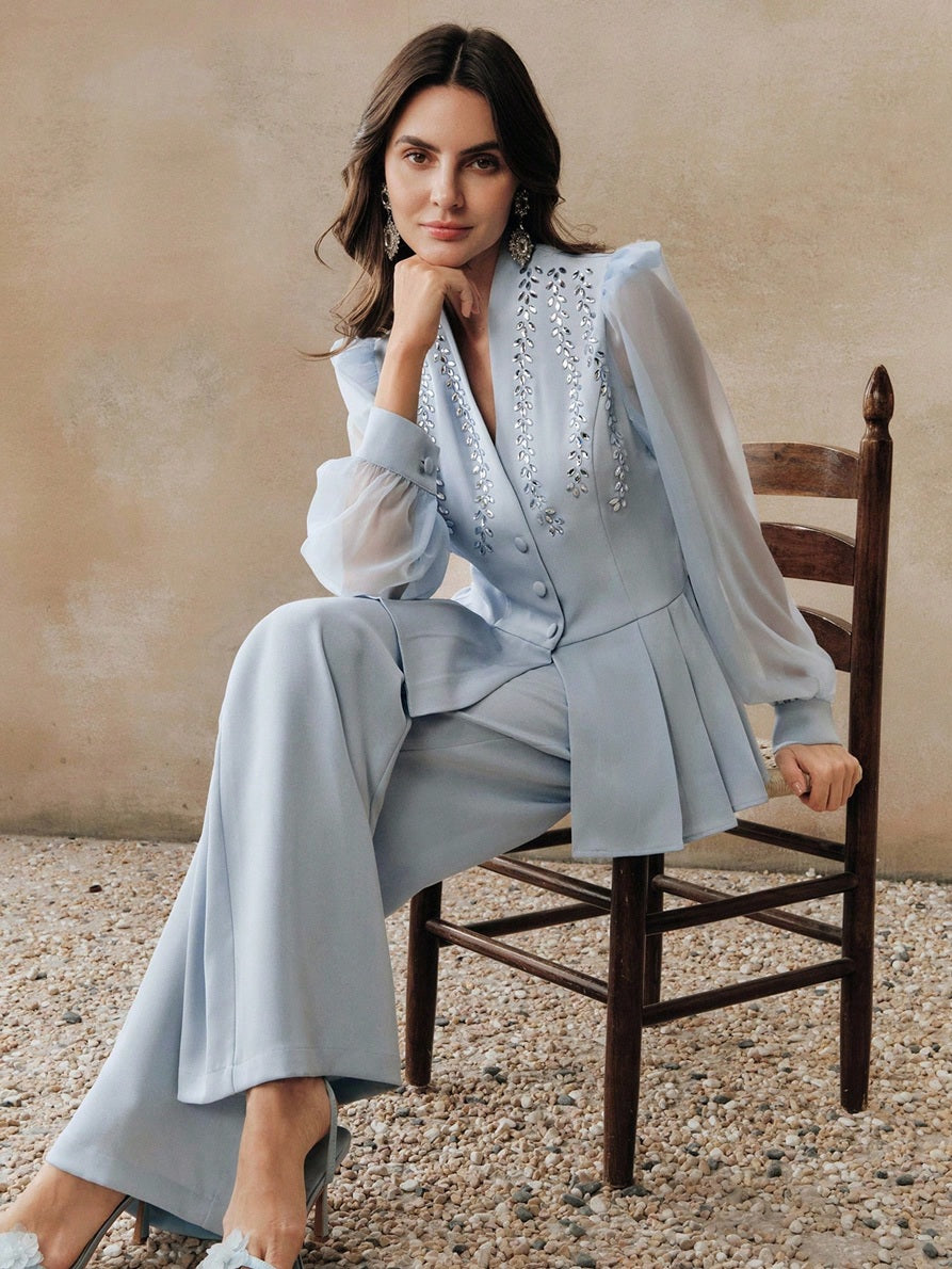 CM-SS511976 Women Elegant Seoul Style Shawl Collar Mesh Long Sleeve Rhinestone Fitted Blouse With Straight Leg Pants - Set