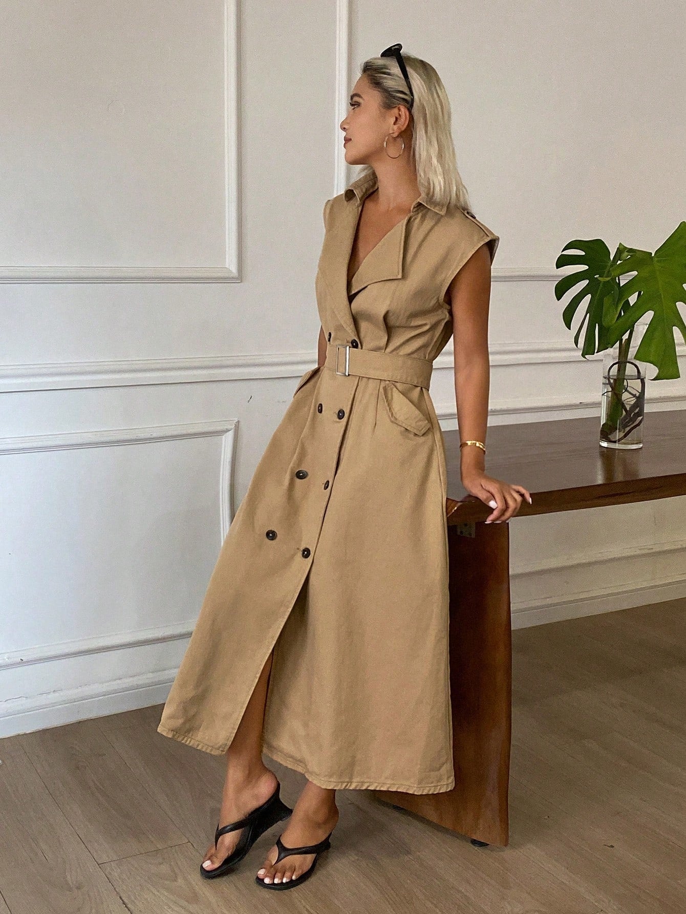 CM-DS808947 Women Casual Seoul Style Lapel Collar Double-Breasted Sleeveless Cinched Waist Denim Dress - Khaki