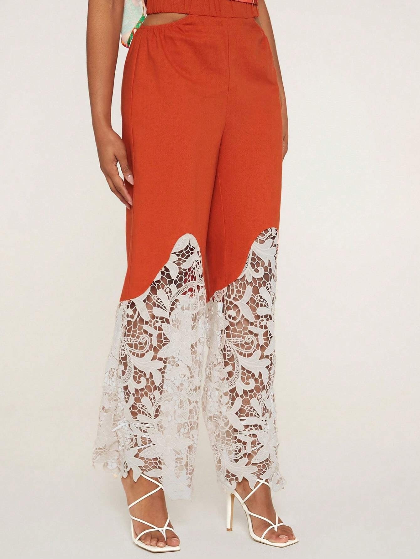 CM-BS331651 Women Elegant Seoul Style Contrast Lace Cut Out Waist Pants