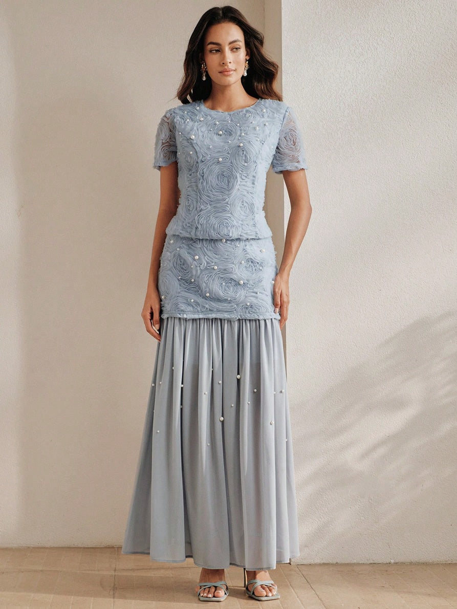 CM-SS102582 Women Elegant Seoul Style Round Neck Puff Sleeve 3D Rose Beaded Top With Mesh Patchwork Skirt - Set