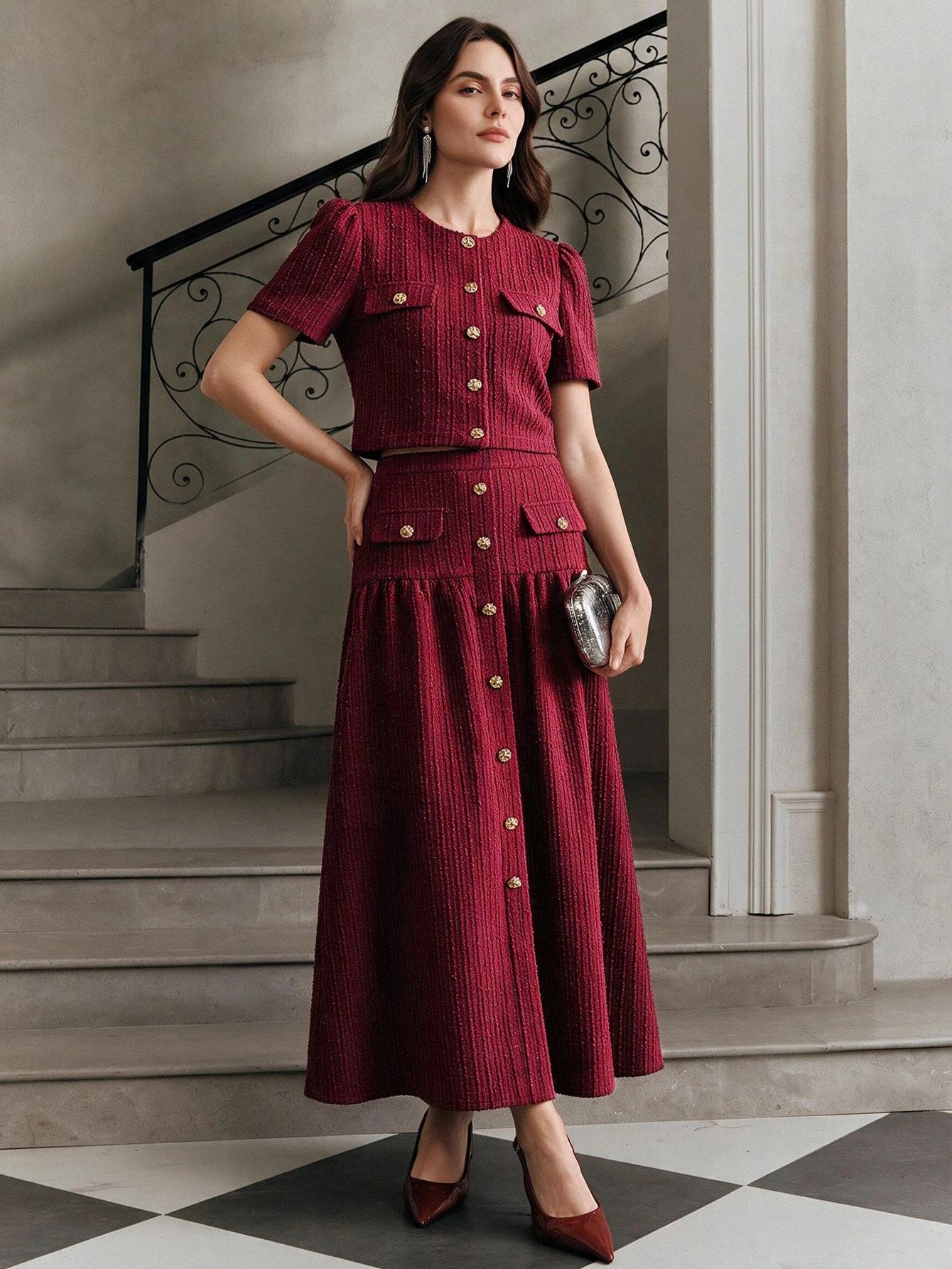 CM-SS503523 Women Elegant Seoul Style Round Neck Short Sleeve Button Decor Top With A-Line Skirt - Set