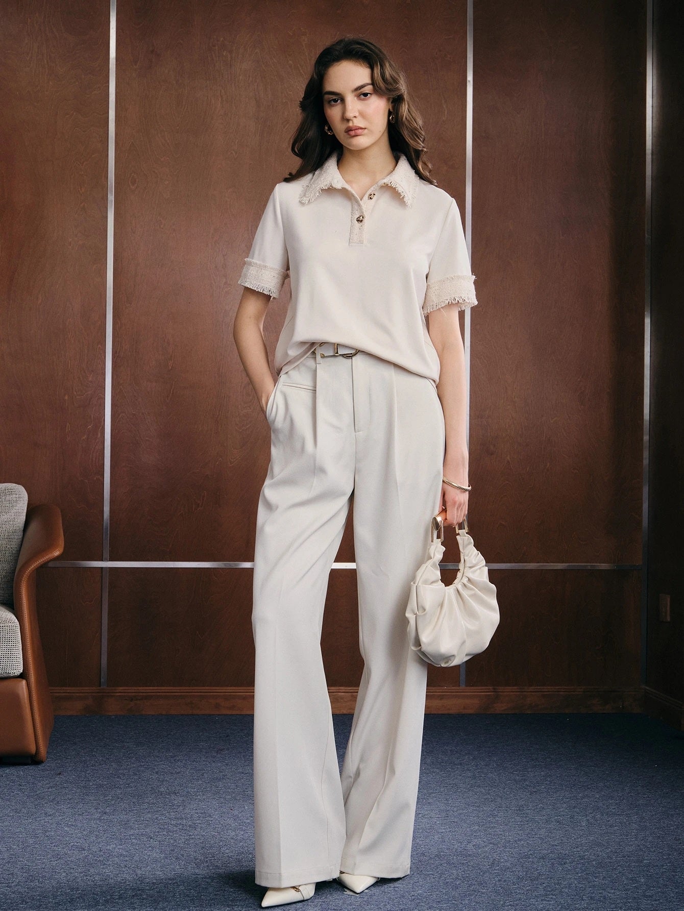 CM-TS014476 Women Elegant Seoul Style Patchwork Tweed Fringe Rhinestone Button Polo Shirt - Apricot