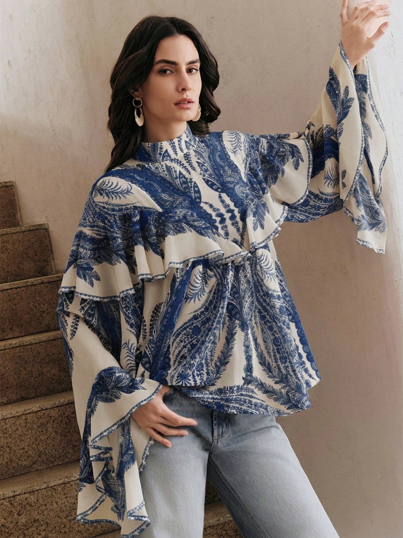 CM-TS393590 Women Trendy Bohemian Style Mock Necl Long Sleeve Plants Print Loose Blouse - Blue