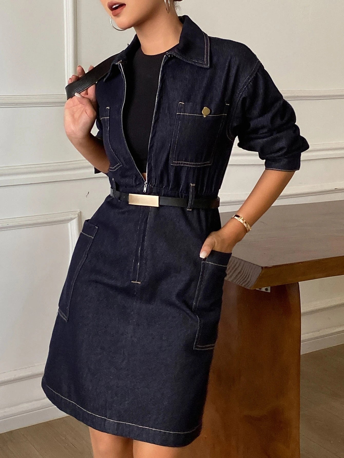 CM-DS937408 Women Casual Seoul Style Dark Wash Collar Neckline Wrist Length Sleeve Loose Fit Short Denim Dress