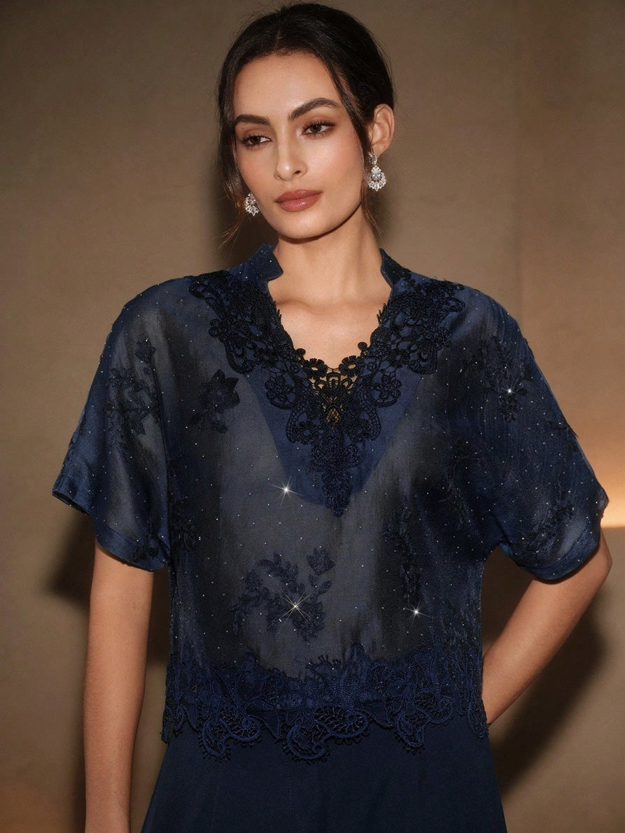 CM-TS225231 Women Elegant Seoul Style V-Neck Short Sleeve Mesh Rhinestone Lace Patchwork Blouse - Navy Blue