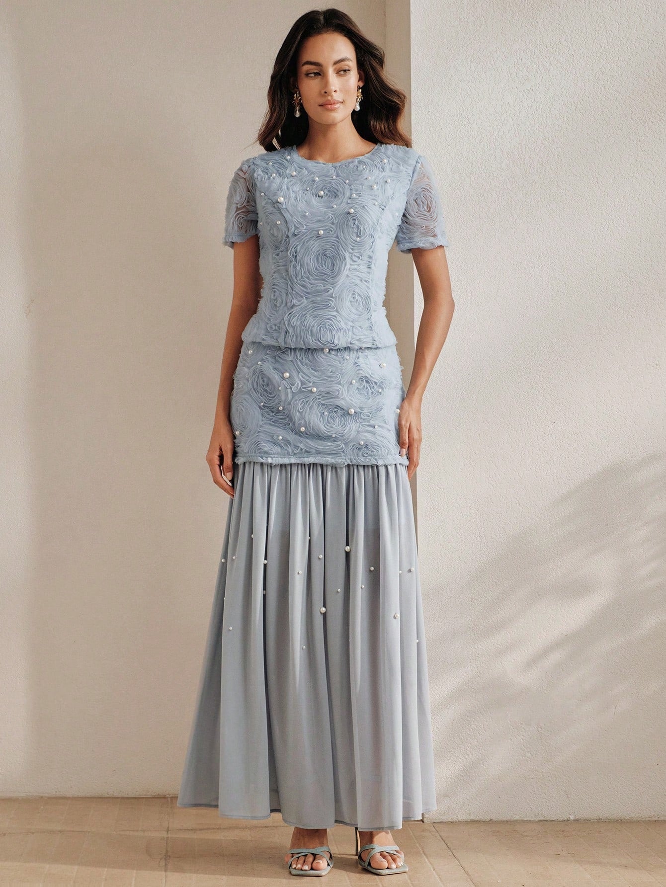 CM-SS102582 Women Elegant Seoul Style Round Neck Puff Sleeve 3D Rose Beaded Top With Mesh Patchwork Skirt - Set