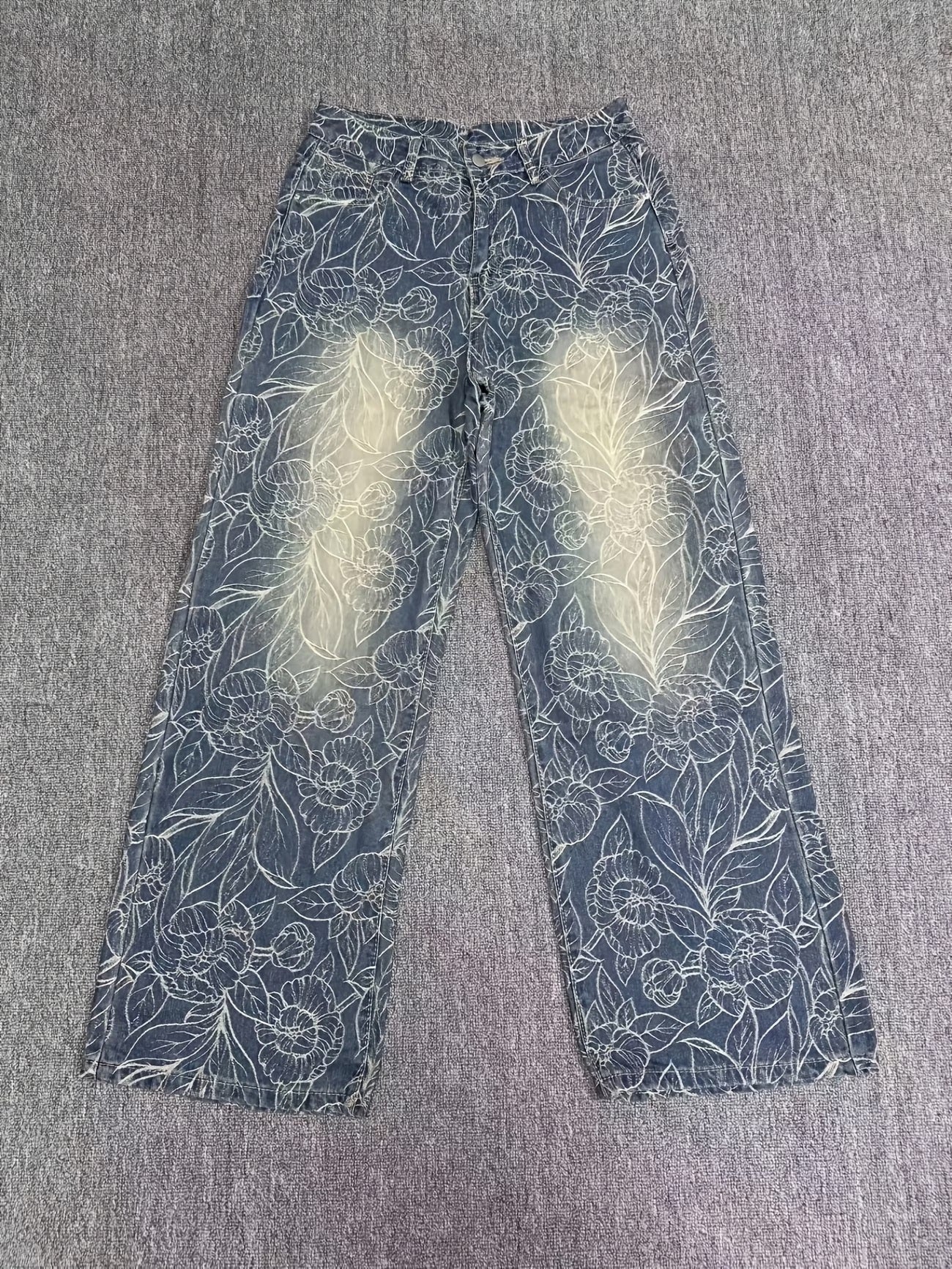 CM-BT636983 Women Casual Seoul Style Medium Wash Mid Waist Floral Jacquard Wide-Leg Jeans