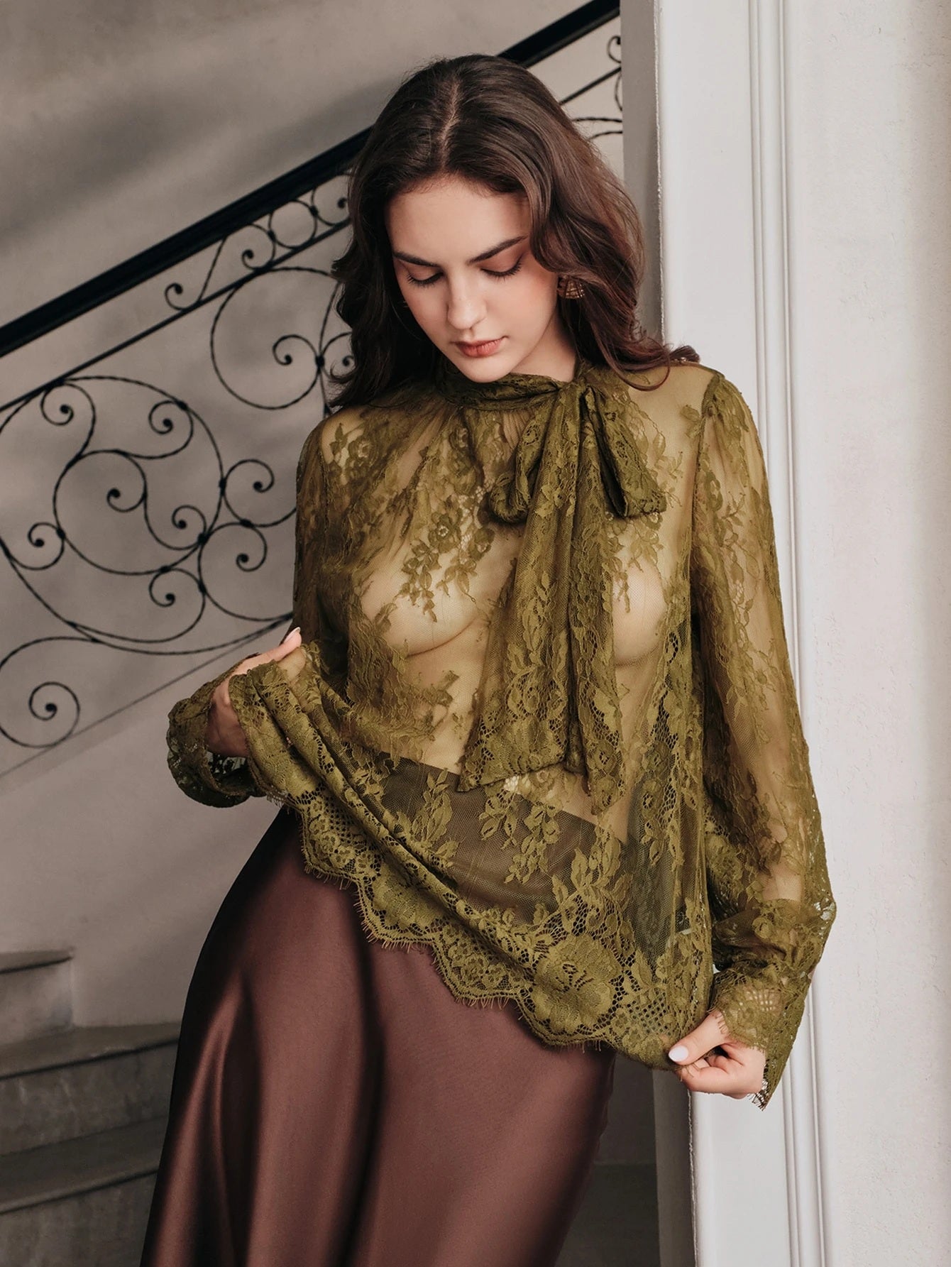 CM-TS414367 Women Elegant Seoul Style Tie Neck Extra Long Sleeve Lace Floral Blouse - Army Green