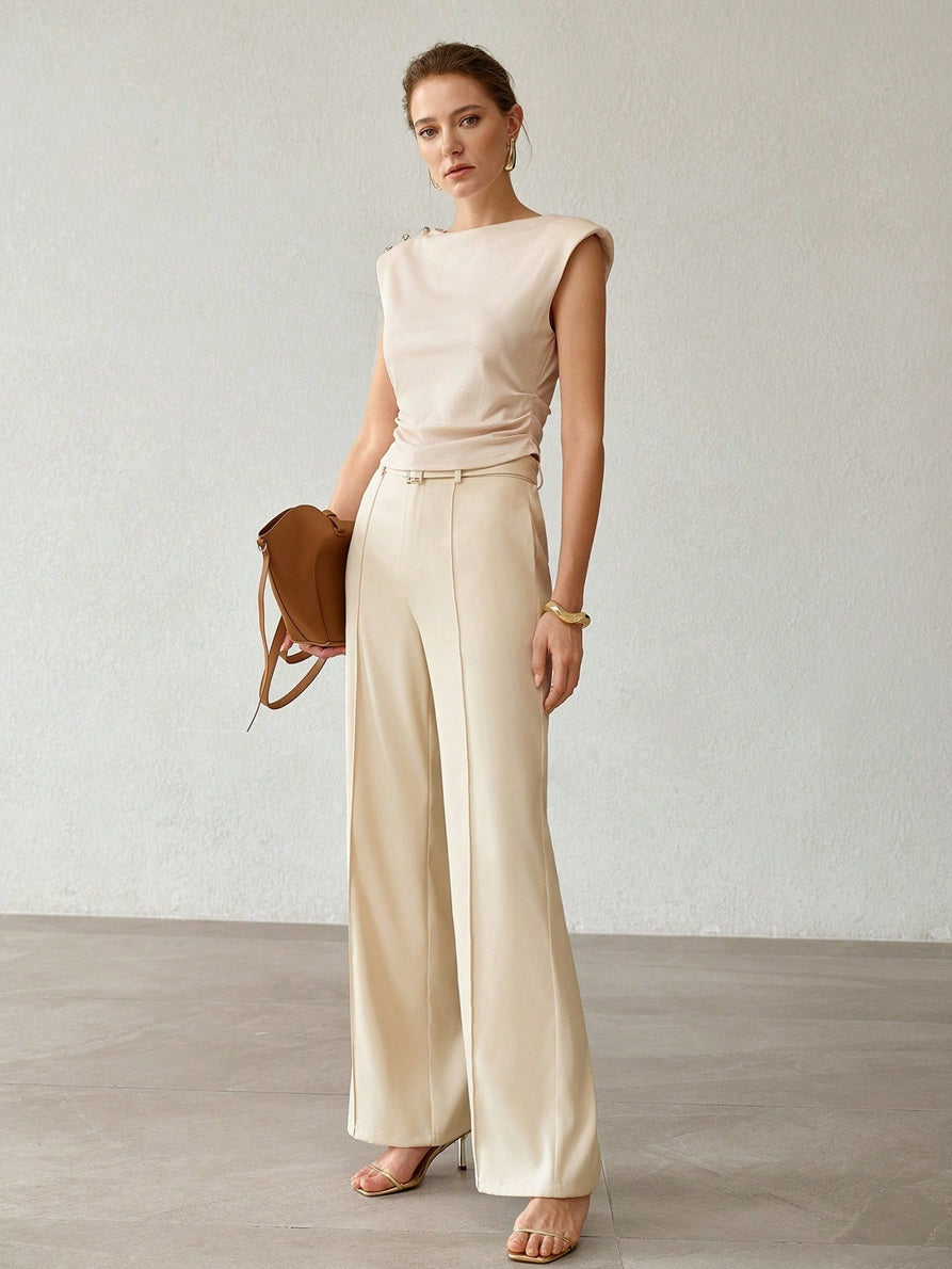 CM-SS414868 Women Elegant Seoul Style Round Neck Cap Sleeve Waist-Cinching T-Shirt With Metal Belt Buckle Decor Suit Pants - Set