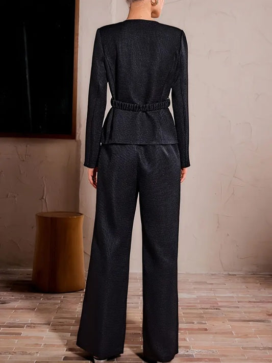 CM-ST888453 Women Elegant Seoul Style Round Neck Long Sleeve Belted Blazer With Wide-Leg Pants - Set