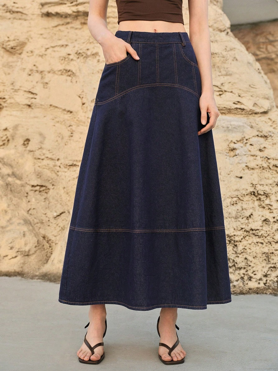 CM-BS331725 Women Casual Seoul Style Mid Waist Slant Pocket A-Line Long Denim Skirt - Navy Blue