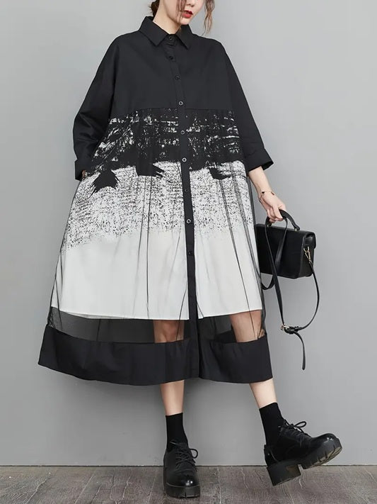 CM-DT134955 Women Elegant Seoul Style Square Neck Long Sleeve A-Line Tulle Mesh Dress