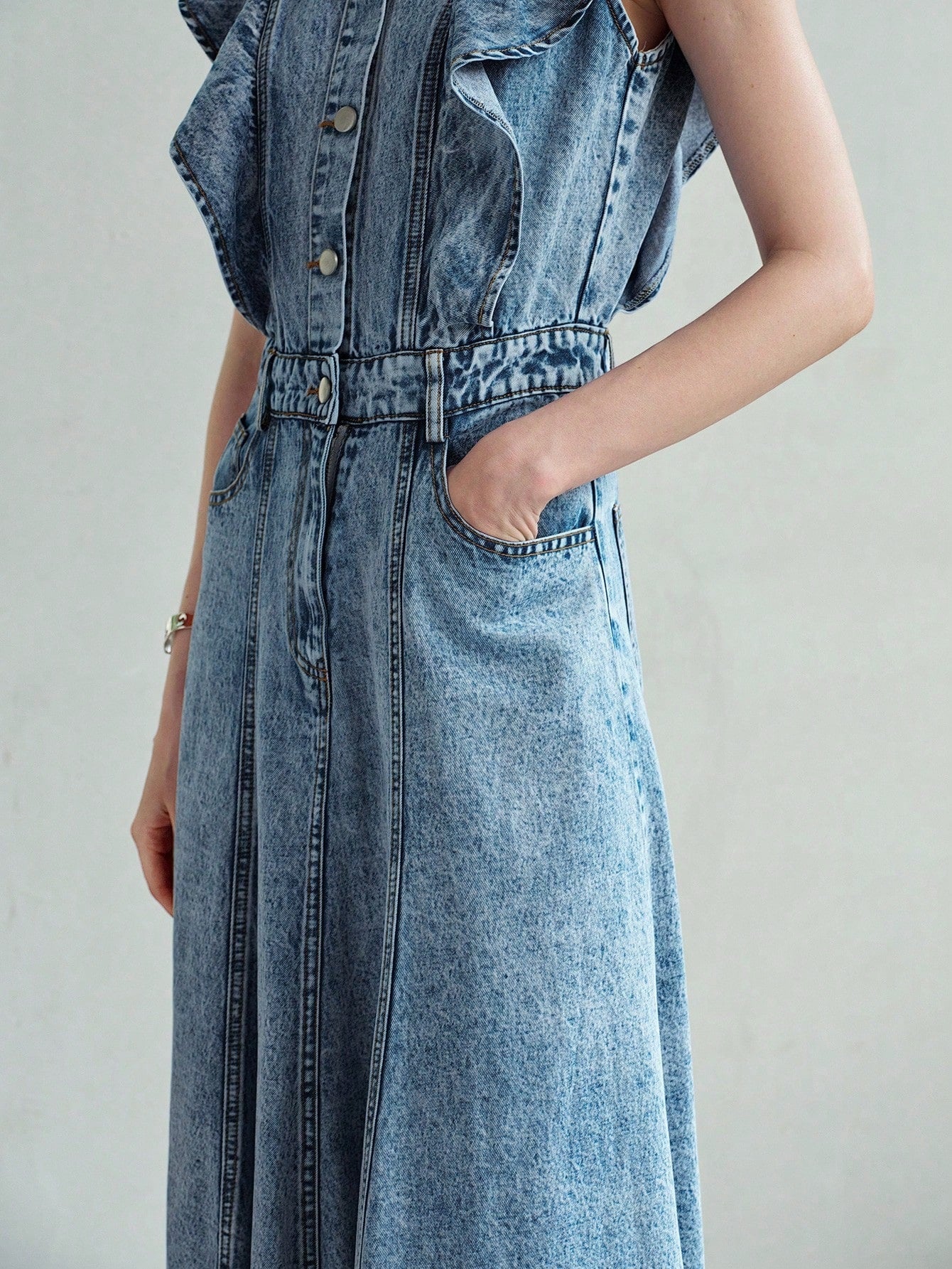 CM-DS145343 Women Elegant Seoul Style Round Neck Sleeveless Ruffle Trim Mid-Length Denim Dress - Blue