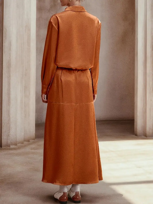 CM-ST351276 Women Elegant Seoul Style Solid Color Front Button Long Sleeve Drawstring Top With Maxi Skirt - Set